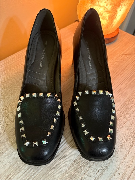 Adrienne Vittadini Shoes - Adrienne Vittadini Black Leather Loafers Studded Square Toe Slip On Dress Shoe